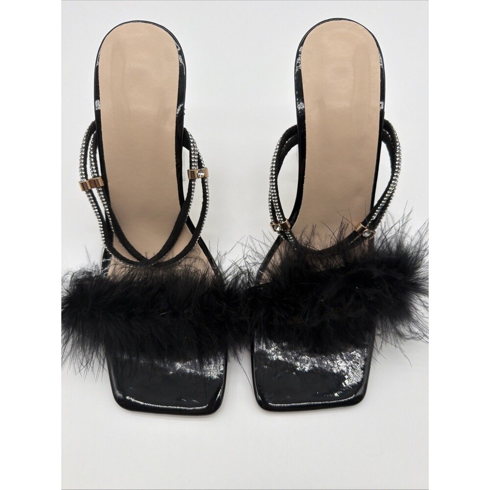 Black Feather High Heel Sandals Clear Strappy Mob Wife Goth Glam EUR 38 7.5/8